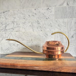 May include: A copper watering can with a long, slender brass spout and a curved brass handle. The can has a rounded body with horizontal bands and sits on a wooden cutting board. The background features a marble tile wall.