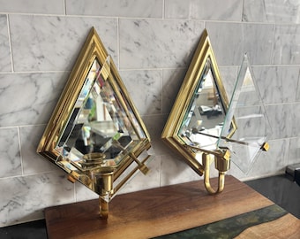 Vintage Set of 2 PartyLite Brass and Mirrored Glass Infinity Wall Sconce Candle Holders with Beveled Glass