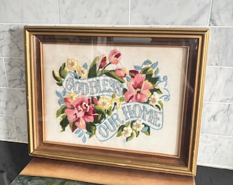 Vintage Framed “God Bless Our Home” Floral Crewel Embroidered Fiber Art