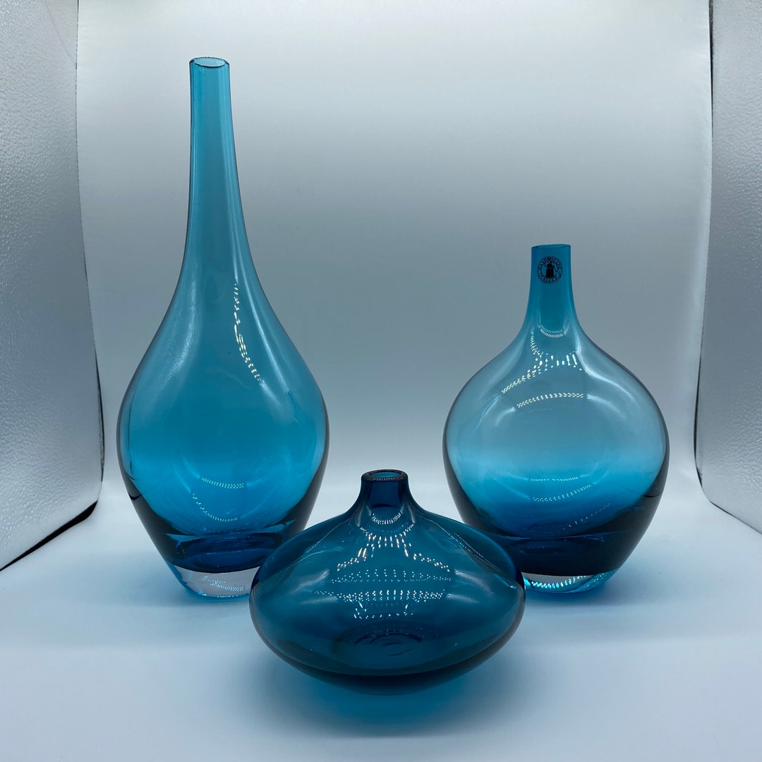 Trio Set of Vintage IKEA SALONG Blue Glass Vases Etsy