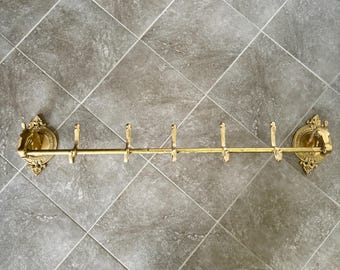 Vintage 3.5 ft Brass Horse Head Tack Rack, Coat Rack, Equestrian Entryway, 5 Hooks, Rustic Farmhouse Decor