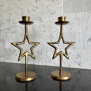 Vintage Pair of Brass Star Candle Stick Holders, Vintage Brass Holiday Decor