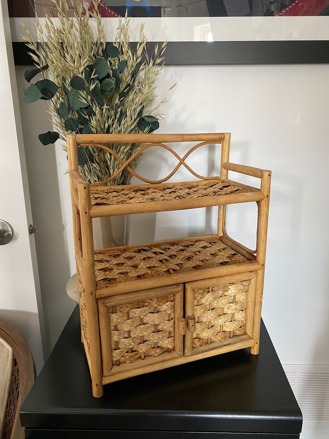 Vintage Rattan Wicker Counter Top Hutch Shelf Etsy