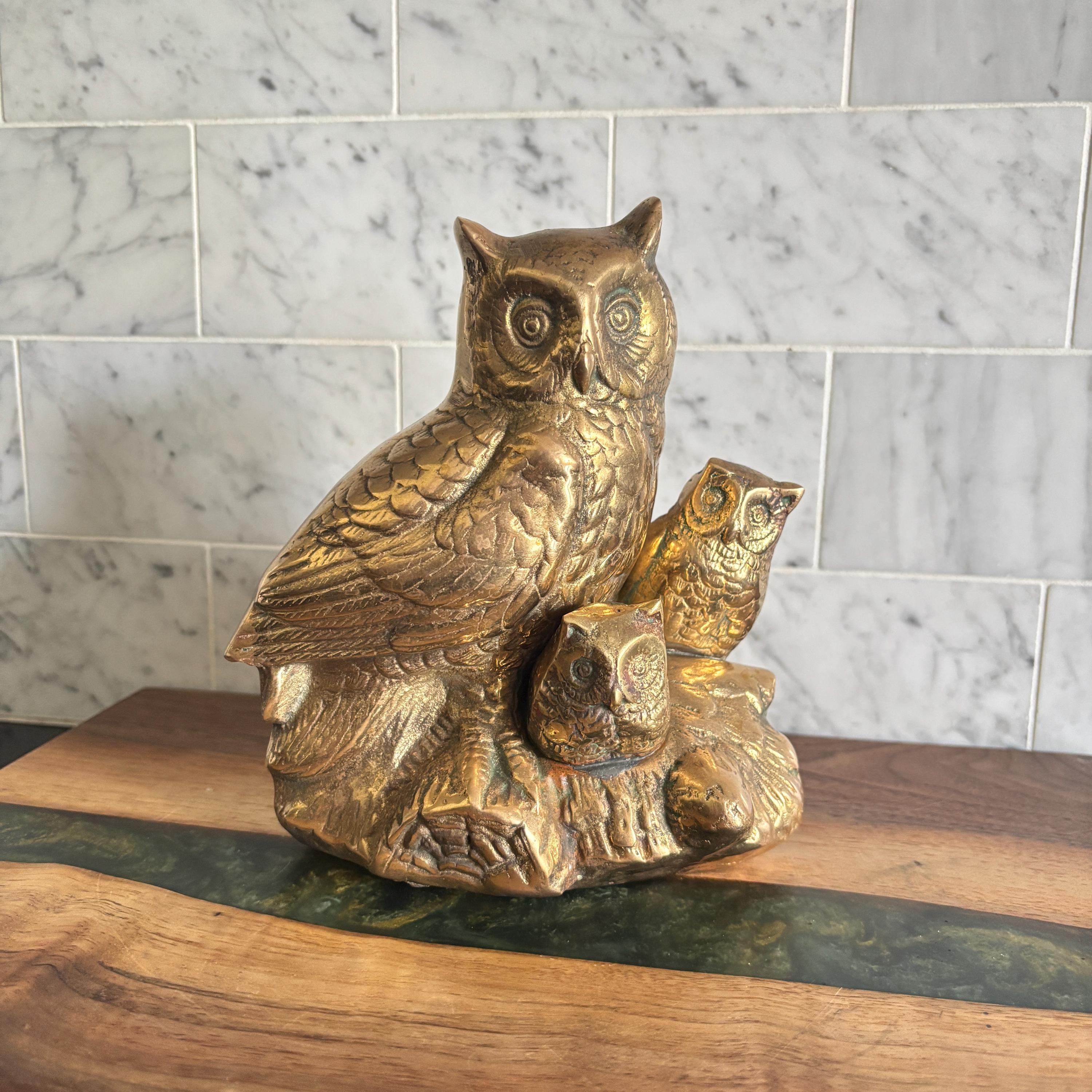 Vintage Mid Century 7” Brass Owl Family Figurine Statue, Mama and Babies