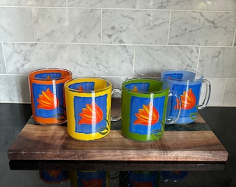 Set of 4 Vintage ARCOROC Colourful Glass Tulip Mugs, Made in France