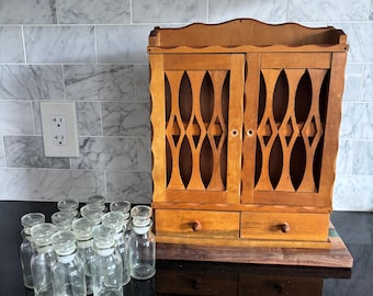 As Is Vintage Wood Spice Rack Cabinet Cupboard with 12 Glass Apothecary Spice Jars