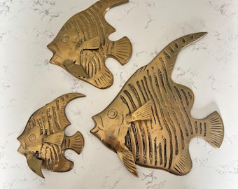 Vintage Trio of Mid Century Brass Angel Fish Wall Hangings - Brass Nautical Wall Decor