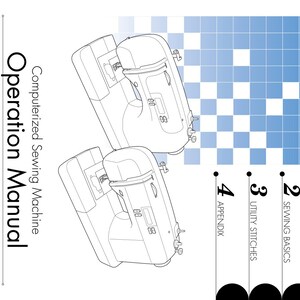 Peut inclure: Un manuel d'utilisation Brother pour machine à coudre informatisée. La couverture présente deux illustrations au trait de machines à coudre, un motif de grille bleue et une liste numérotée : 1. Knowing Your Sewing Machine, 2. Sewing Basics, 3. Utility Stitches, 4. Appendix.