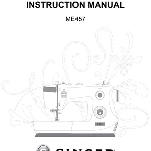 May include: An instruction manual for the Singer Elite ME457 sewing machine. The cover features a black and white line drawing of the sewing machine centered against a background of decorative swirling dashed lines, with the Singer logo at the bottom.