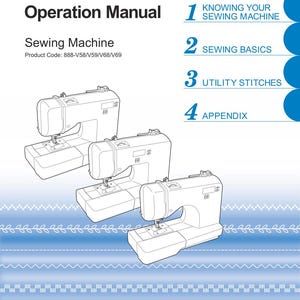 Op de afbeelding: Een Brother bedieningshandleiding voor een naaimachine met productcode 888-V58/V59/V68/V69. De omslag bevat drie lijntekeningen van naaimachines, een inhoudsopgave genummerd van 1 tot 4 en decoratieve steekpatronen op een blauwe achtergrond.