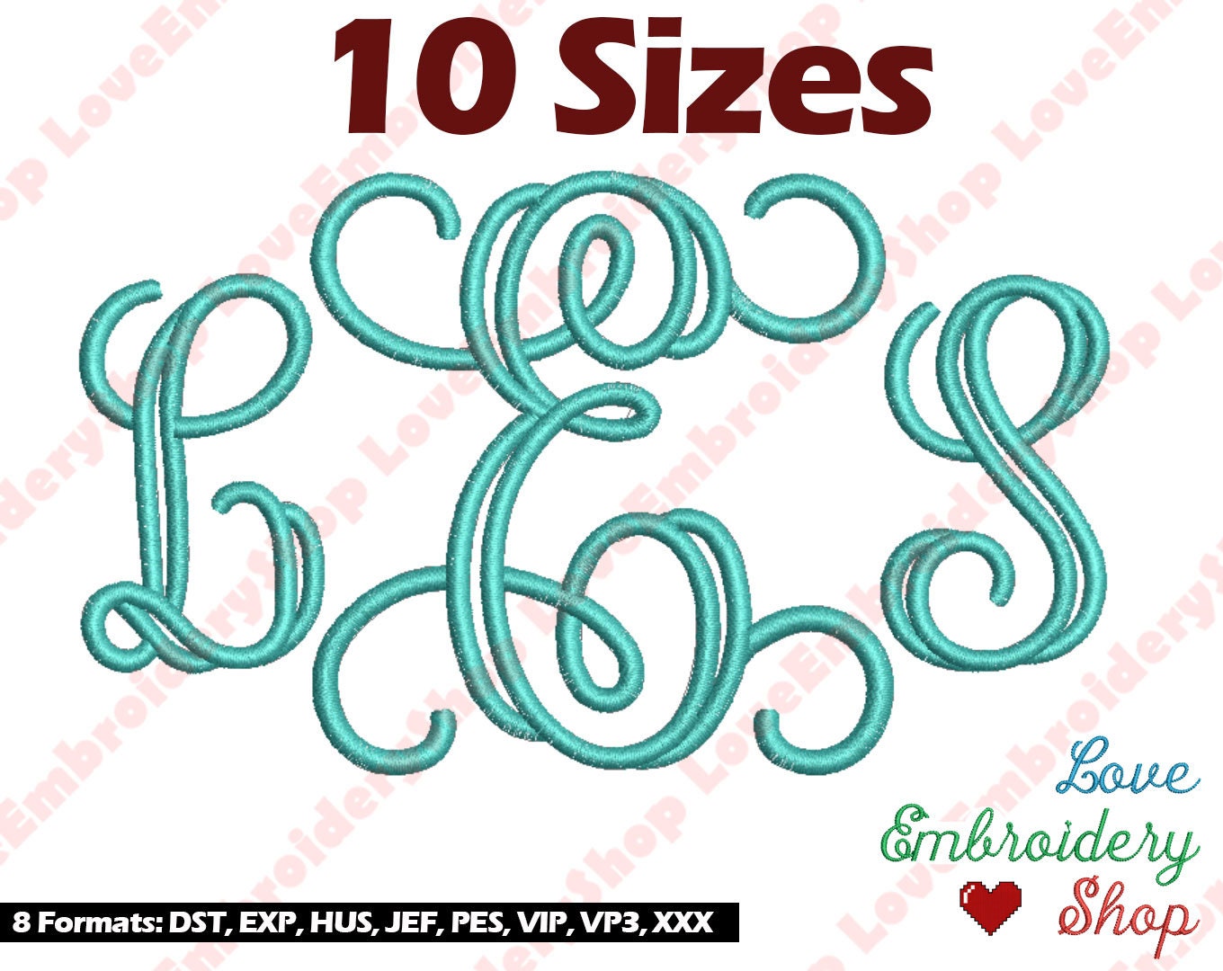 Interlocking Font Machine Embroidery Design Fonts Monogram 10 Sizes ...