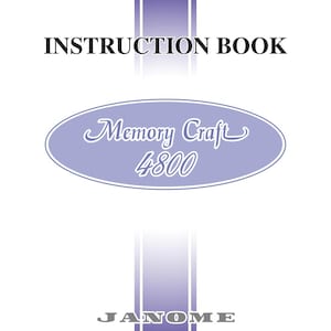 May include: A white instruction book cover with a vertical purple stripe down the center. The text reads INSTRUCTION BOOK, Memory Craft 4800 inside a purple oval, and JANOME at the bottom. The design features clean lines and bold black lettering.
