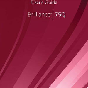 Könnte beinhalten: Ein kastanienbraunes Benutzerhandbuch für die Nähmaschine Husqvarna Viking Brilliance 75Q. Das Cover zeigt weißen Text mit Husqvarna, Viking, User's Guide, Brilliance 75Q und dem Slogan Keeping the World Sewing auf einem dunkelroten Hintergrund.