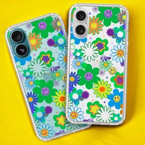 Aesthetic Retro Smiley Face Flowers Phone Case For iPhone 16 15 14 13 Pro Max 12 Mini XR 7 8 SE Galaxy S25 S24 MagSafe Phone Case