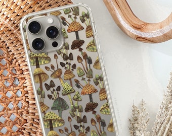 Olive Green Mushrooms Clear Case For iPhone 15 14 13 Pro 12 Mini 11 Pro XR 7 8 SE 2022 Phone Case With Aesthetic Fungi Design Galaxy S24