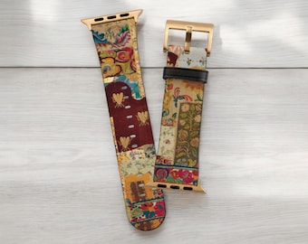 Mixed Media Print Boho Art Apple Watch Band - Fits All iWatch Series - Sizes 38mm 40mm 42mm 44mm - Women’s Vegan Leather Strap With Design