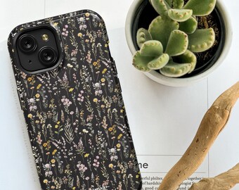 Black Watercolor Botanical Print Tough Phone Case For iPhone 15 14 13 12 7 8 SE 2022 Galaxy S24 Google Pixel 7 Pro With Flower Design