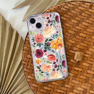 Cute Watercolor Flowers MagSafe Clear Phone Case For iPhone 15 14 13 With Built-In MagSafe Magnet- On Sale!