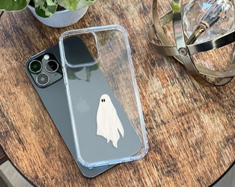 Cute Minimal Ghost Phone Case For iPhone 15 14 13 12 Mini XR 7 8 Clear Phone Cover With Grunge Halloween Design S24 Case The Urban Flair