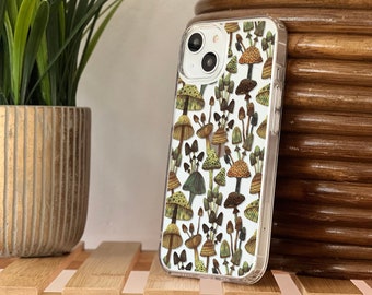 Olive Green Mushrooms Clear Case For iPhone 15 14 13 Pro 12 Mini 11 Pro XR 7 8 SE 2022 Phone Case With Aesthetic Fungi Design Galaxy S24