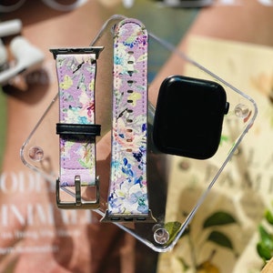 Pretty Purple Floral Apple Watch Band Series 3 4 5 6 7 8 9 SE 38mm 41mm 40mm 42mm 44mm 45mm Apple Watch Straps Vegan Faux Leather For Women