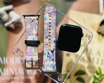 Pretty Purple Floral Apple Watch Band Series 3 4 5 6 7 8 9 SE 38mm 41mm 40mm 42mm 44mm 45mm Apple Watch Straps Vegan Faux Leather For Women