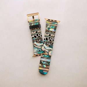 Turquoise Western Style Prints Apple Watch Band - Fits Series 1-8 & SE, 38 40 41 42 44 45 46 49 mm - Cowgirl Style, Vegan Leather