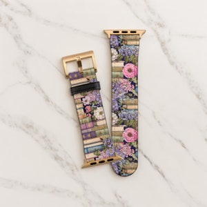 Floral Book Apple Watch Band All Series 38 40 41 42 44 45 46 49 mm For Women Vegan Faux Leather Bibliophile Bookish Design