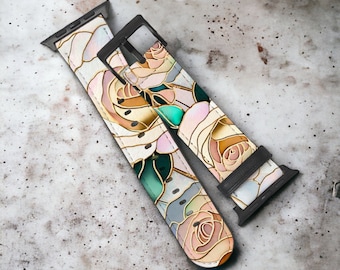 Pastel Roses Stained Glass Illusion Apple Watch Band For Series 3 4 5 6 7 8 9 10 11 SE Ultra 38mm 40mm 41mm 42mm 44mm 45mm 46mm 49mm