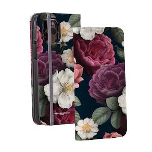 Dark Botanical Phone Case Wallet For iPhone 16 15 14 13 12 Mini Pro Max XR 7 8 Plus S24 S23 With Card Slots Vegan Leather Floral Wallet Case