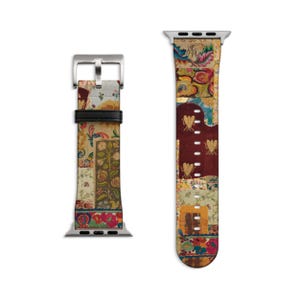 Mixed Media Boho Art Apple Watch Band - Fits All iWatch Series - Sizes 38mm 40mm 42mm 44mm - Women’s Vegan Leather Strap With Design
