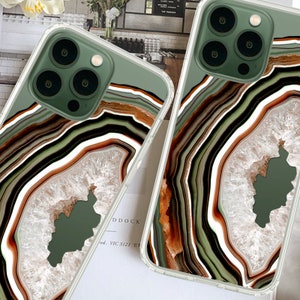 Agate Slice Geode Phone Case For Alpine Green iPhone 16 15 14 13 Pro Max 12 Mini XR 7 8 SE Clear MagSafe Case Galaxy S25 With Design