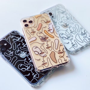 Abstract Line Art Faces Case For iPhone 16 15 14 13 12 Mini 7 8 SE 2022 XR Clear MagSafe Case With Minimal Aesthetic Artsy Design Galaxy S24