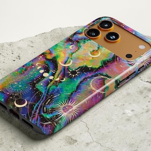 May include: A smartphone case featuring a vibrant, multicolored nebula-inspired background with gold celestial motifs, including suns, moons, and zodiac symbols. The design covers the back and sides, with a cutout for the triple-lens camera system.