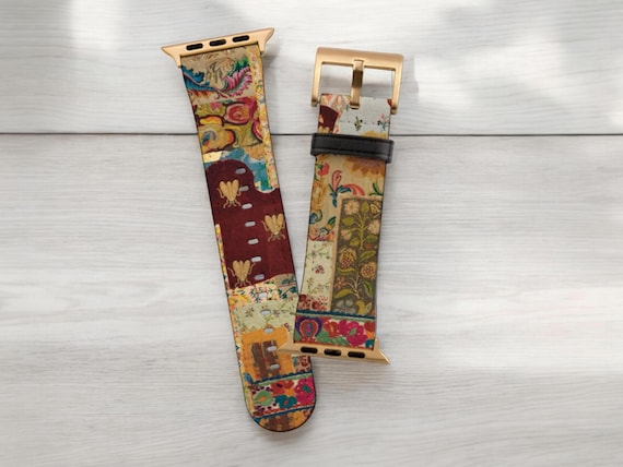 Mixed Media Print Boho Art Apple Watch Band - Fits All iWatch Series - Sizes 38mm 40mm 42mm 44mm - Women’s Vegan Leather Strap With Design