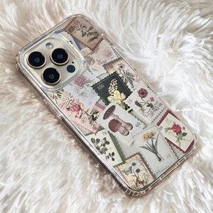 Vintage Stamps Print Phone Case For iPhone 16 15 14 13 Pro Max 12 Mini XR 7 8 SE Galaxy S25 S23 S22 Aesthetic Cottagecore Design MagSafe