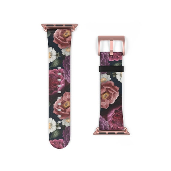 Dark Floral Apple Watch Band | Vegan Leather Botanical Strap Series 3 4 5 6 7 8 9 10 11 SE Ultra | 38mm 40mm 41mm 42mm 44mm 45mm 46mm 49mm