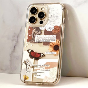 Be Happy Aesthetic Collage Clear Phone Case For iPhone 15 14 13 12 Mini 11 XR SE 2022 7 8 Galaxy S24 With Abstract Butterfly Design
