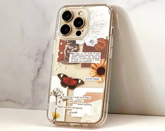 Be Happy Aesthetic Collage Clear Phone Case For iPhone 15 14 13 12 Mini 11 XR SE 2022 7 8 Galaxy S24 With Abstract Butterfly Design