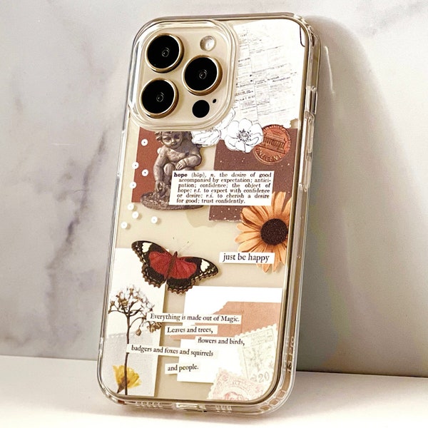 Be Happy Aesthetic Collage Clear Phone Case For iPhone 15 14 13 12 Mini 11 XR SE 2022 7 8 Galaxy S24 With Abstract Butterfly Design