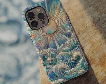 Sun Rays & Ocean Waves Stained Glass Illusion Print Tough Phone Case For iPhone 17 Air 16e 15 14 13 7 8 SE Galaxy S26 S25 Google Pixel 9 Pro