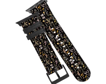 Black Watercolor Botanical Flowers Apple Watch Band - Vegan Leather Strap With Cute Floral Design - For All iWatch Series & Sizes - On Sale!