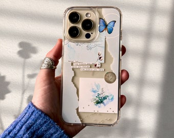 Pale Blue Butterfly Scraps Clear Phone Case, Aesthetic Collage Design, For iPhone 15 14 13 12 11 X 7 8 SE S24 The Urban Flair- On Sale!