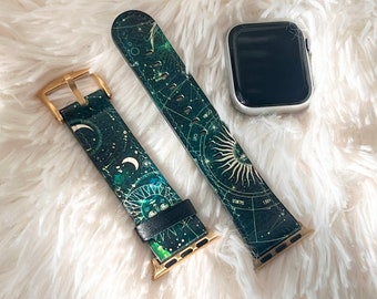 Green Zodiac Marble Print Apple Watch Band For Women Vegan Leather Mystic Witch iWatch Straps All Series 38 40 41 42 44 45mm- On Sale!