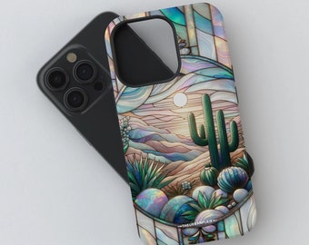 Desert Cactus Stained Glass Illusion Print Tough Phone Case For iPhone 15 14 13 11 XR X XS Max 12 Mini Pro SE 7 8 Plus Galaxy S24 Pixel 8