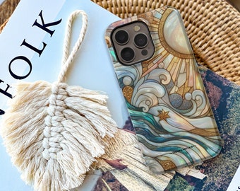 Waves & Sun Rays Stained Glass Illusion Print Tough Phone Case For iPhone 17 16 15 14 13 Mini Pro SE 7 8 Galaxy S26 S25 Pixel 10