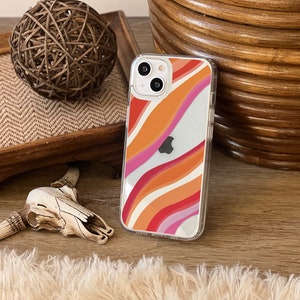 Pink Orange Abstract Lines Clear Case For iPhone 15 14 13 Pro Max 12 Mini XR 7 8 SE 2022 Phone Case With Aesthetic Retro Design- On Sale!