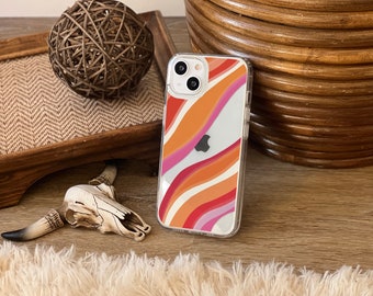 Pink Orange Abstract Lines Clear Case For iPhone 15 14 13 Pro Max 12 Mini XR 7 8 SE 2022 Phone Case With Aesthetic Retro Design- On Sale!