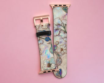 Classy Art Nouveau Floral Apple Watch Band Series 3 4 5 6 7 8 9 SE 38mm 40mm 41mm 42mm 44mm 45mm For Women Vegan Faux Leather With Design