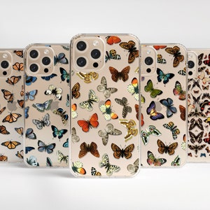 May include: Set of six clear phone cases with a butterfly pattern. The cases are all different colors and have a variety of butterfly designs.